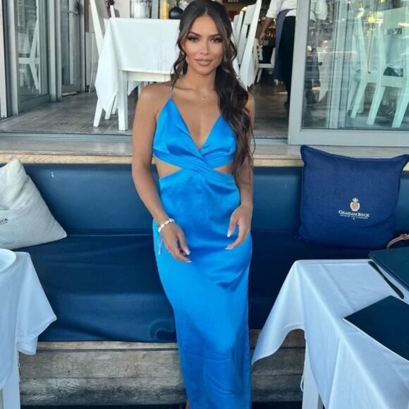 Zara Satin Effect Cut Out Maxi Dress Blue Bloggers Fav Size Small - Picture 2 of 14